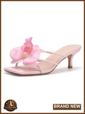 Strappy Floral Square Open Toe Kitten Heel Sandals Slip On